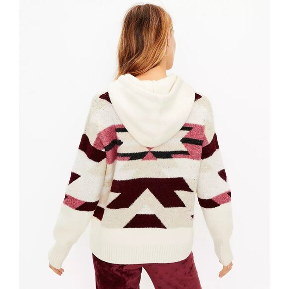 Lou & Grey Slopeside Aztec Hoodie Sweater Small Ivory Burgundy SW Boho - Picture 2 of 9